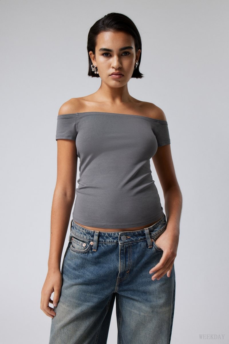 Dark Grey Weekday Off Shoulder T-shirt | SFIG2628