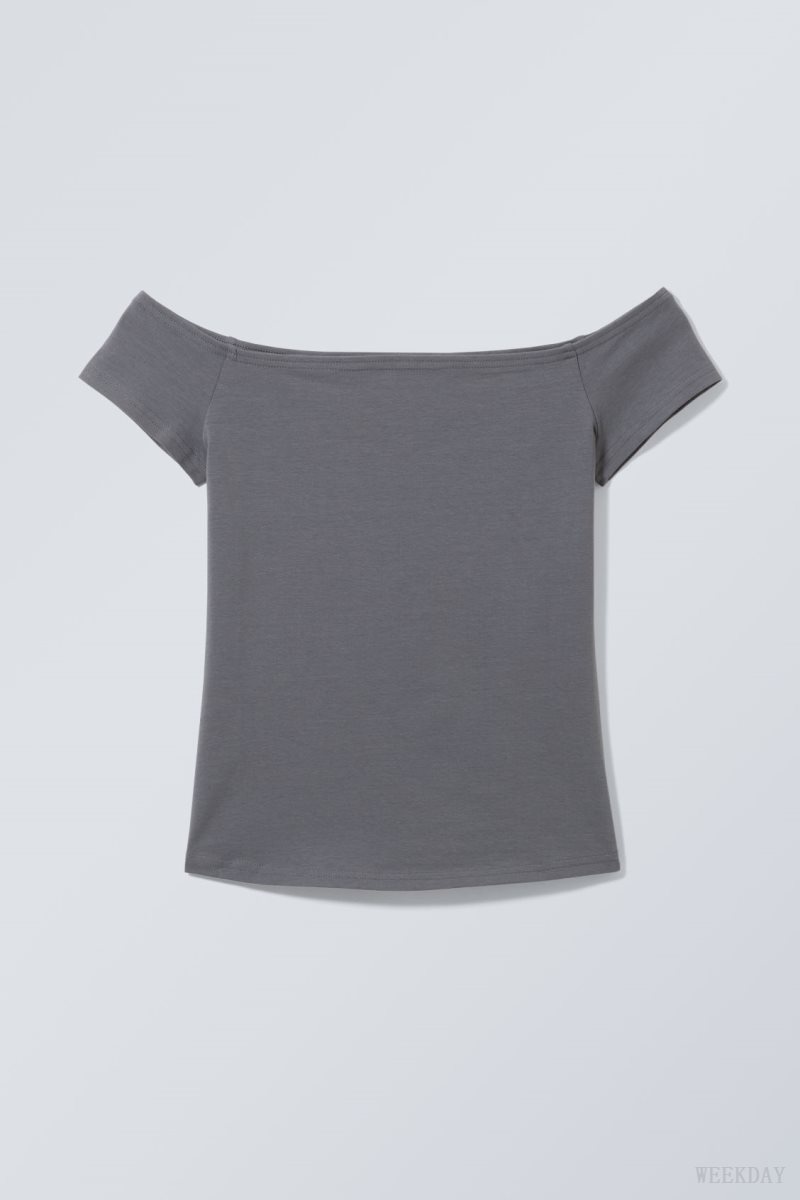 Dark Grey Weekday Off Shoulder T-shirt | SFIG2628