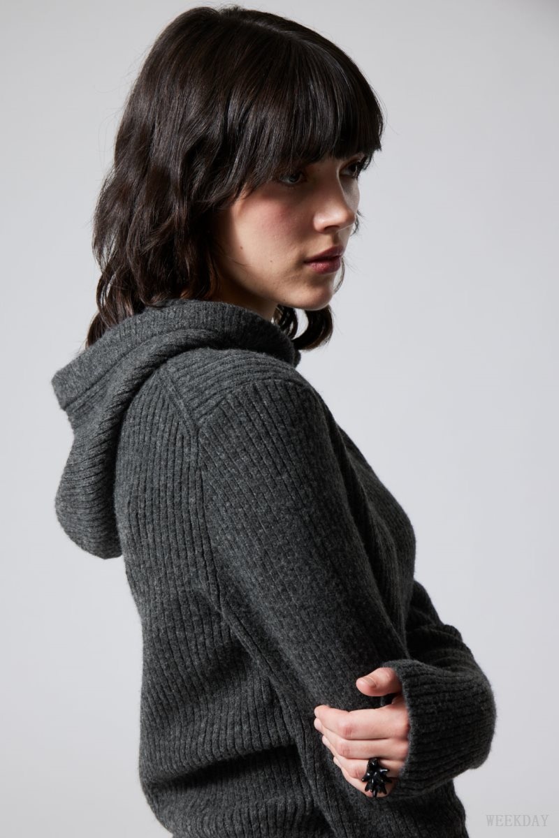 Dark Grey Weekday Zuri Knit Hoodie | TELN6355