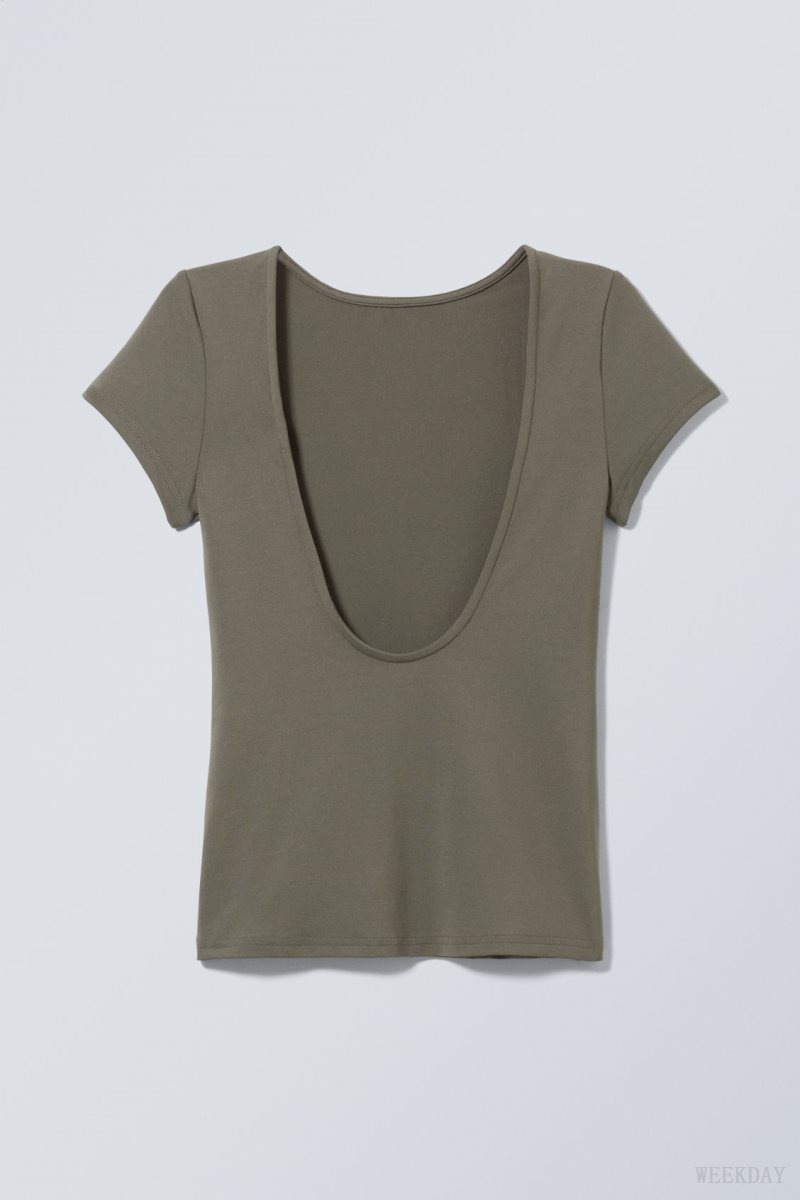 Dark Khaki Green Weekday Gizem Open Back T-shirt | OVHJ8028