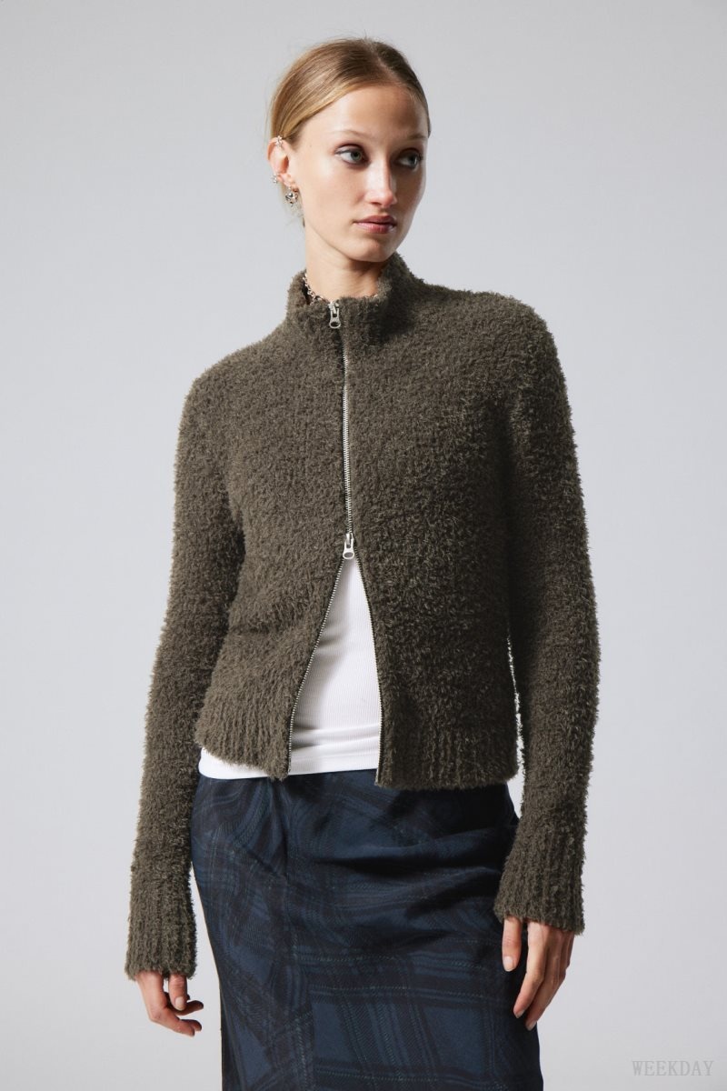 Dark Khaki Weekday Carla Zip Hairy Cardigan | RWZO5853