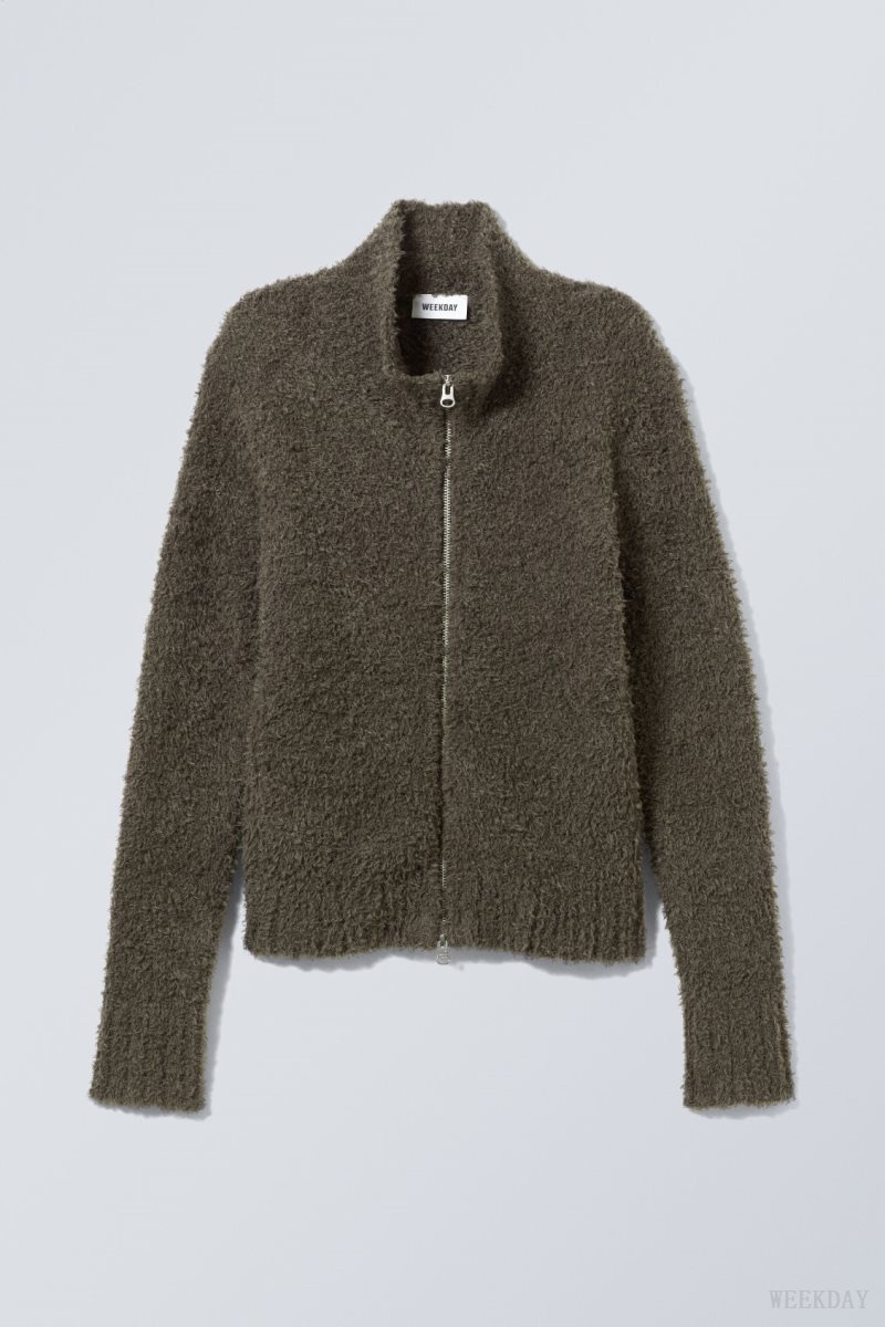 Dark Khaki Weekday Carla Zip Hairy Cardigan | RWZO5853