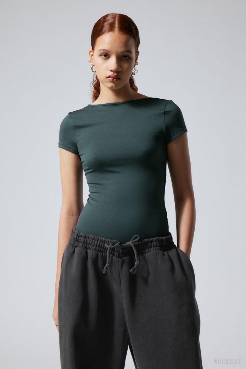 Dark Turquoise Weekday Gizem Open Back T-shirt | VEWO0338