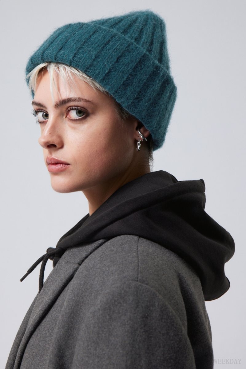 Dark Turquoise Weekday Soft Ribbed Beanie | OXSF1249