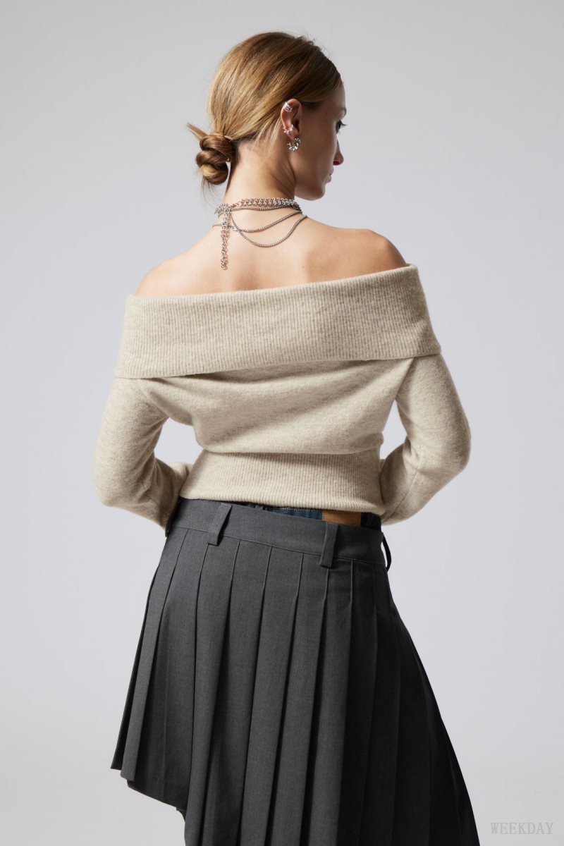 Ecru Weekday Lolo Off Shoulder Sweater | XQNW5097