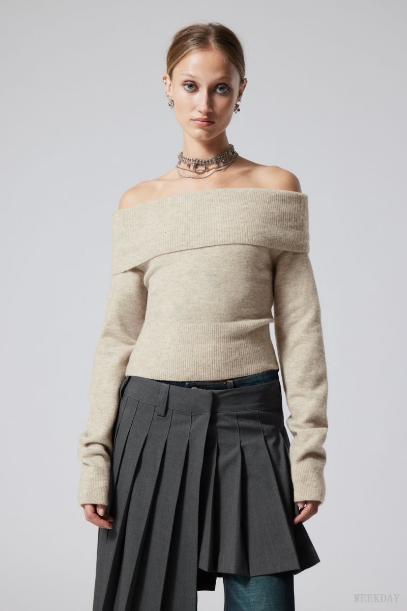 Ecru Weekday Lolo Off Shoulder Sweater | XQNW5097