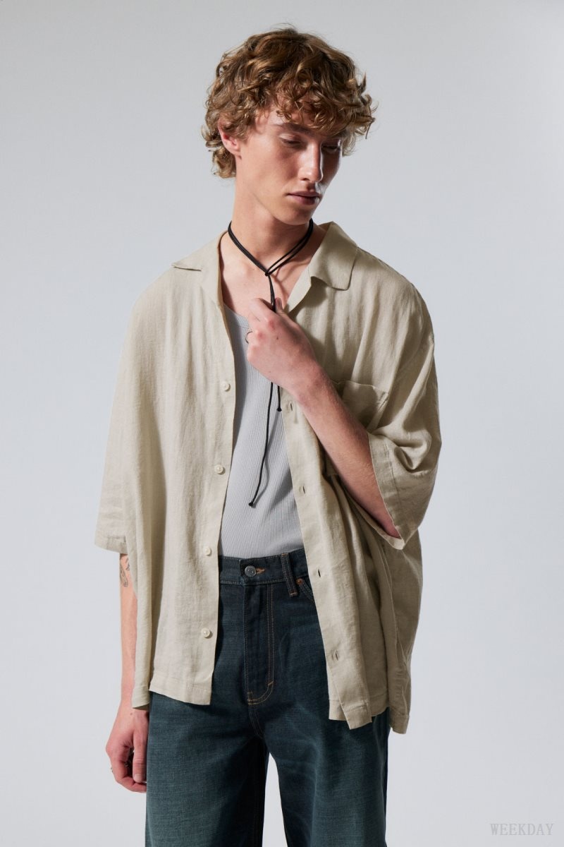 Ecru Weekday Oversized Linen Short Sleeve Shirt | CZYX2870