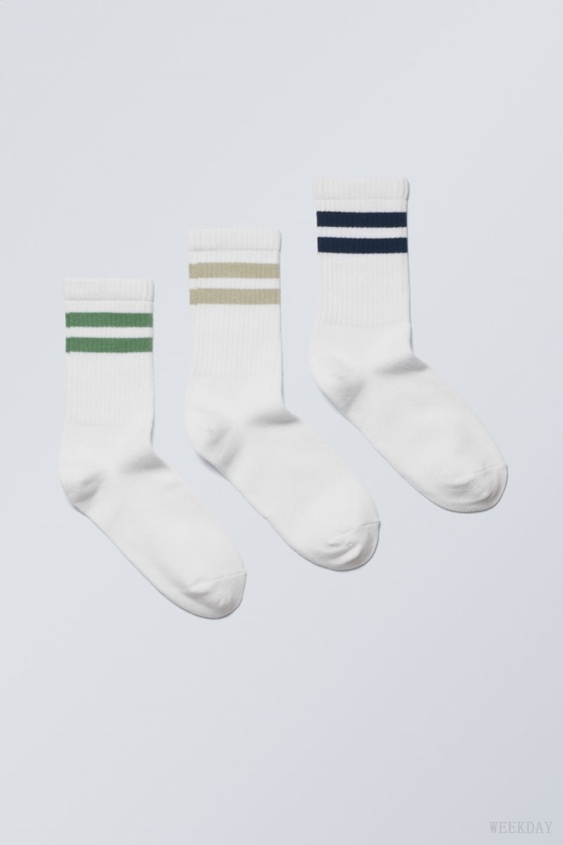 Green Khaki Black Stripes Weekday 3-pack Sport Striped Socks | IPVP5144