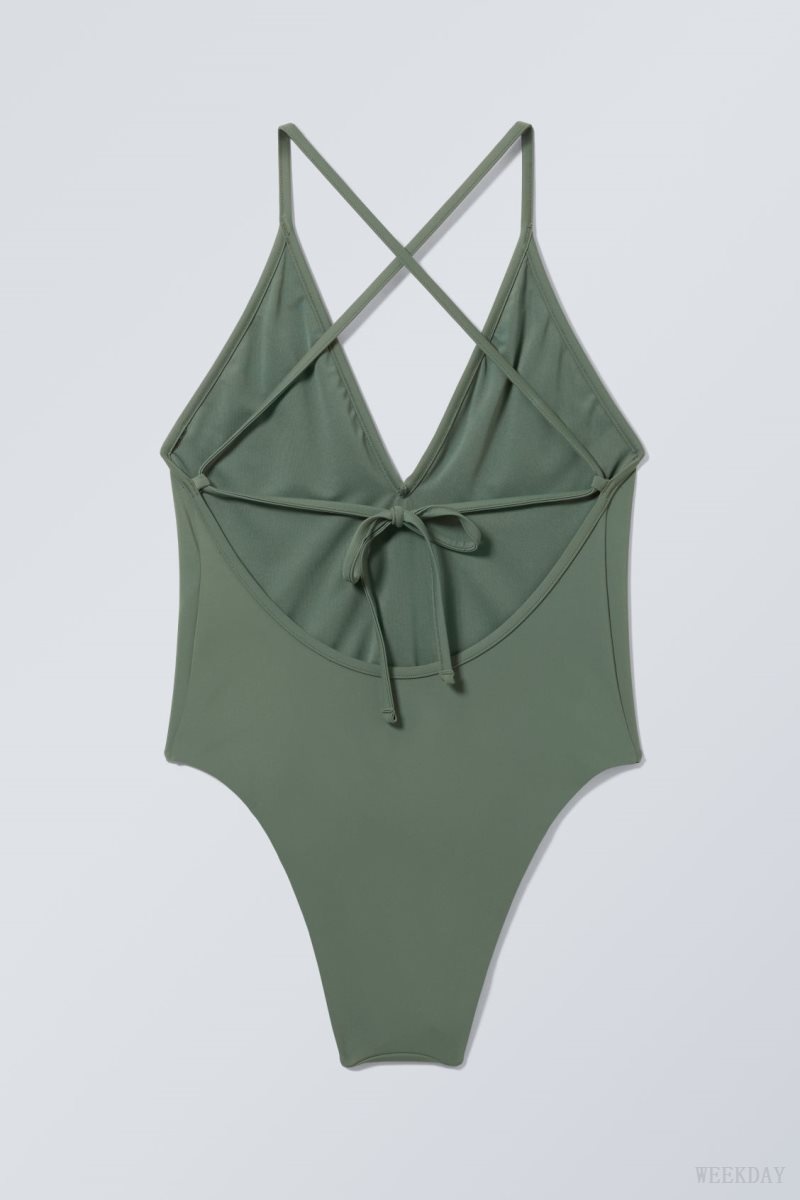 Green Weekday Deep V-neck Swimsuit | RVDU6724