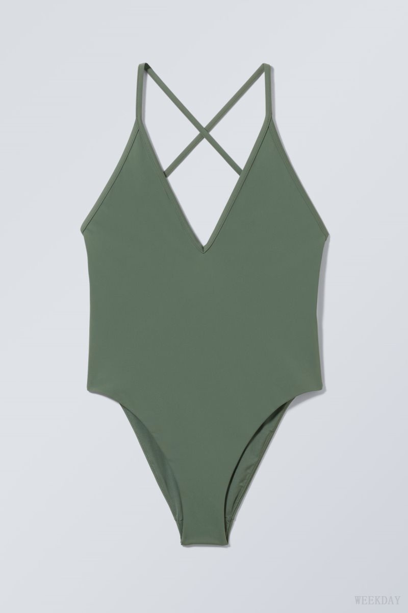 Green Weekday Deep V-neck Swimsuit | RVDU6724