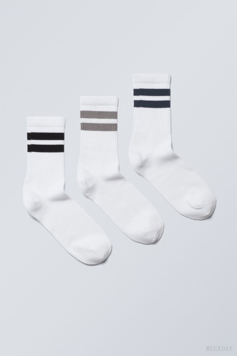 Grey Navy Black Stripes Weekday 3-pack Striped Sport Socks | ADAL7345