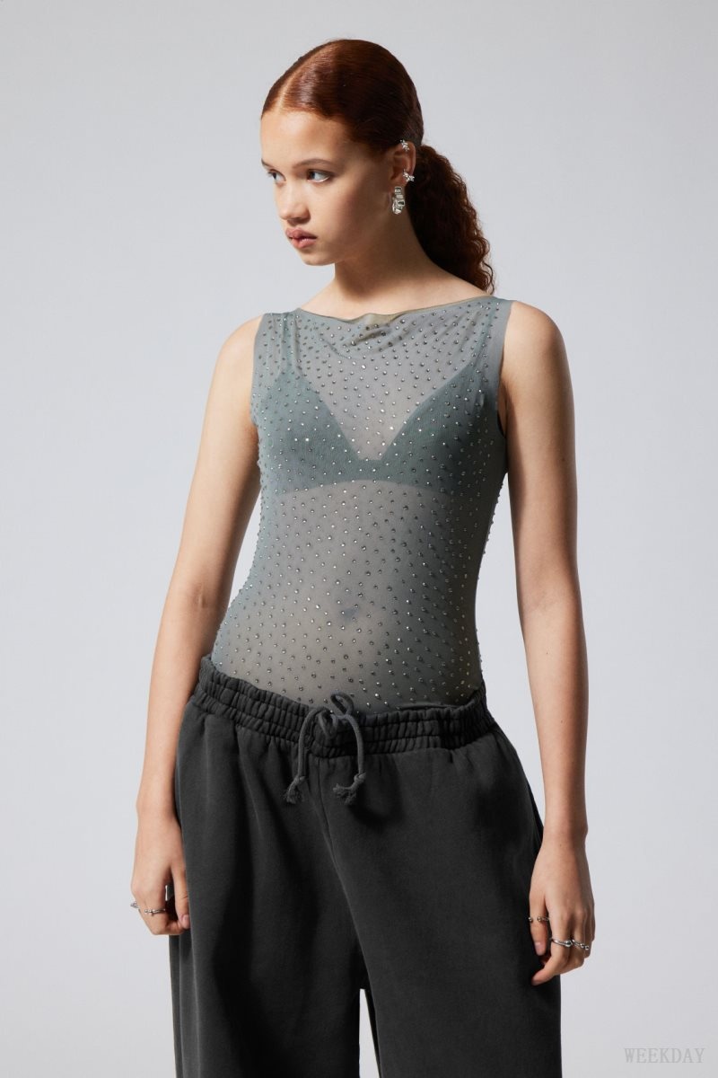 Grey Weekday Annie Rhinestone Mesh Top | TLNP8004