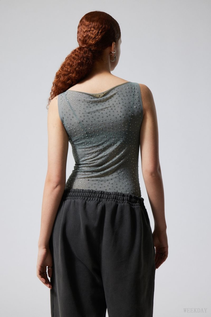 Grey Weekday Annie Rhinestone Mesh Top | TLNP8004