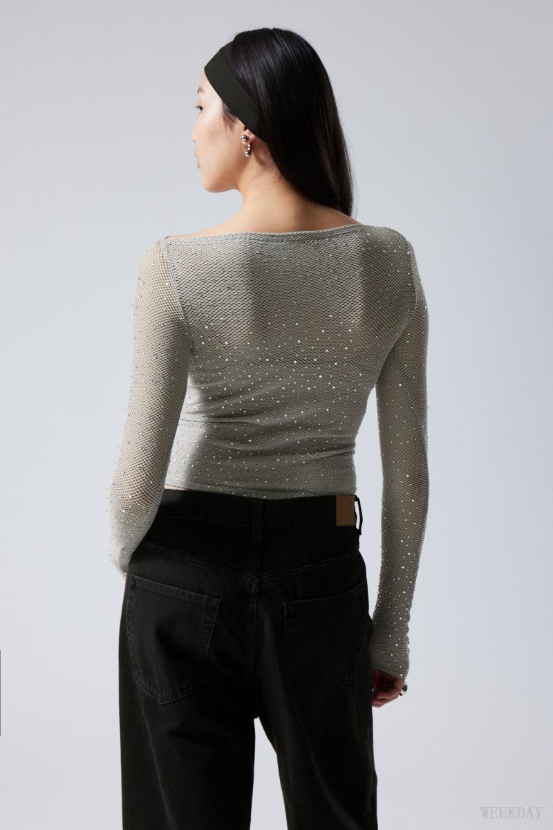 Grey Weekday Net Rhinestone Long Sleeve Top | PIIT9848