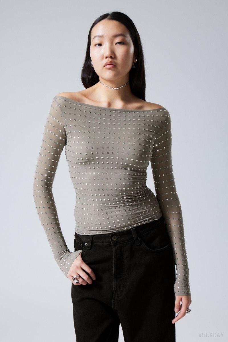 Grey Weekday Sheer Rhinestone Longsleeve Top | NSRT2750