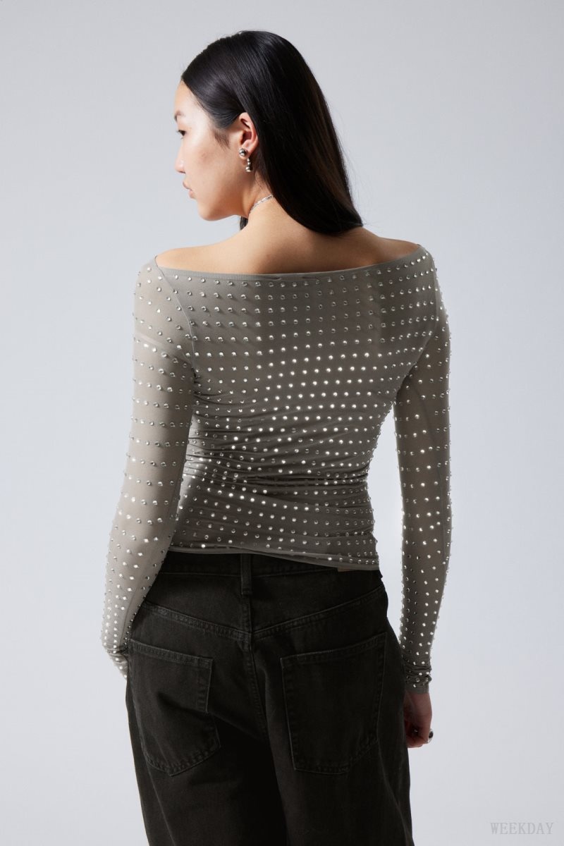 Grey Weekday Sheer Rhinestone Longsleeve Top | NSRT2750