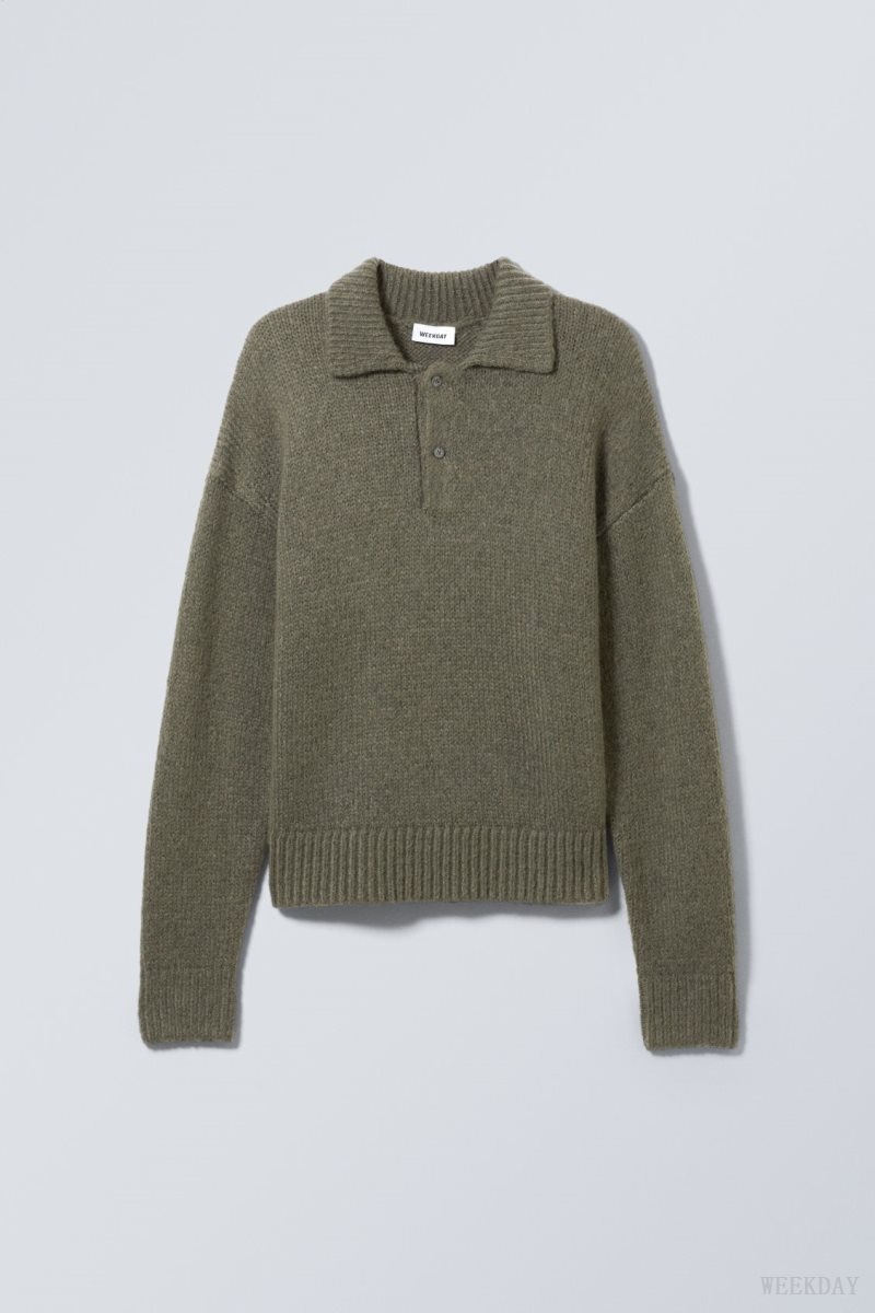 Khaki Green Weekday Bobby Relaxed Knitted Polo Sweater | PHIR3702