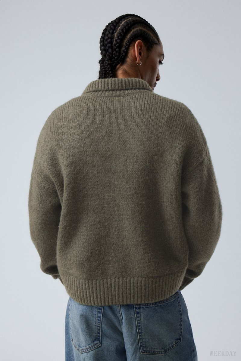 Khaki Green Weekday Bobby Relaxed Knitted Polo Sweater | PHIR3702