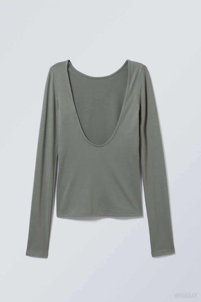 Khaki Green Weekday Gizem Open Back Long Sleeve Top | FVCM2080