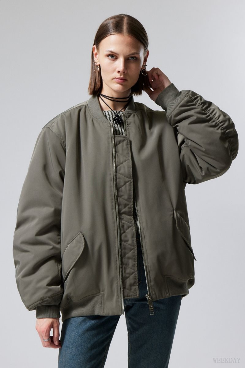 Khaki Green Weekday Lui Oversized Bomber Jacket | WGJZ5906