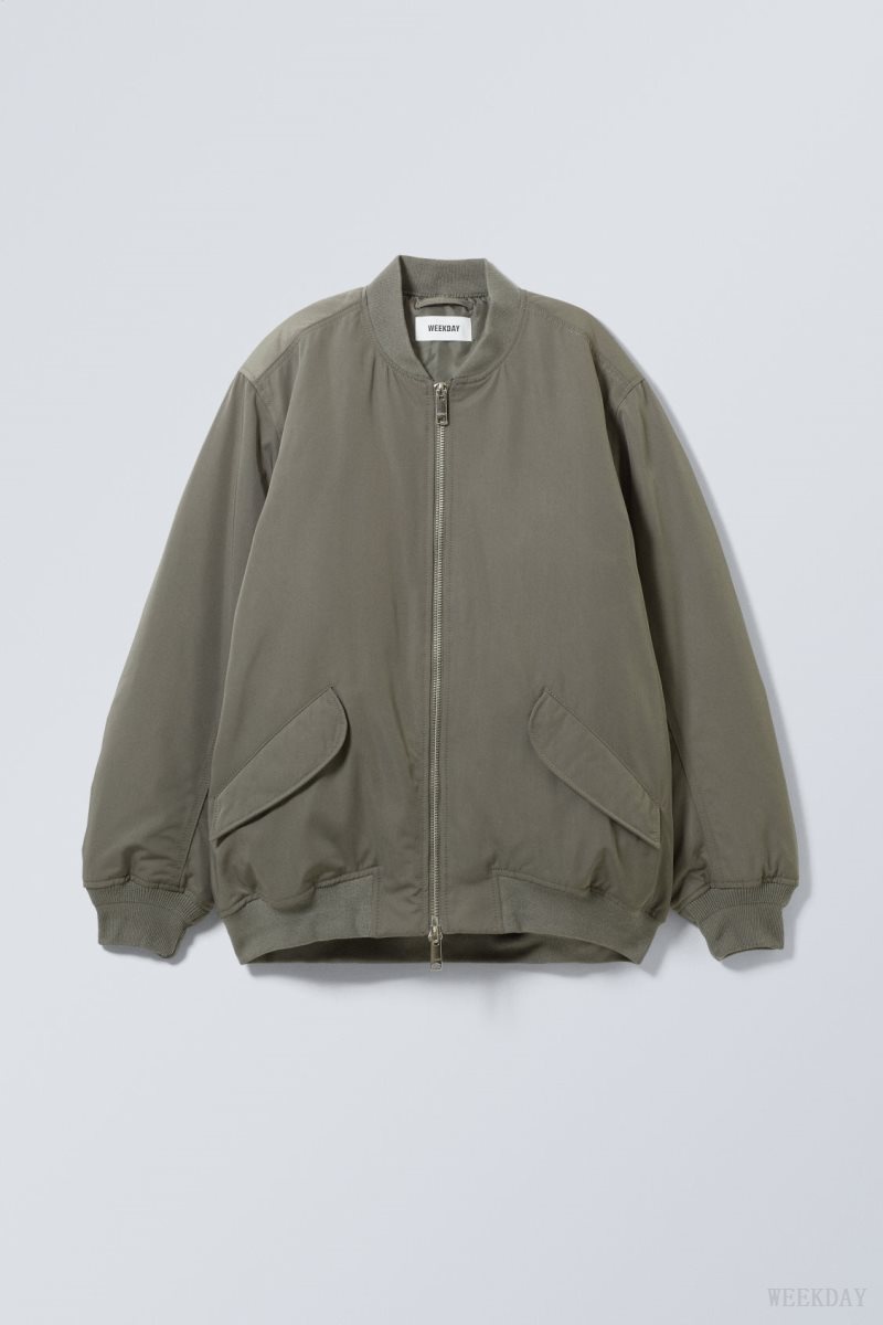 Khaki Green Weekday Lui Oversized Bomber Jacket | WGJZ5906