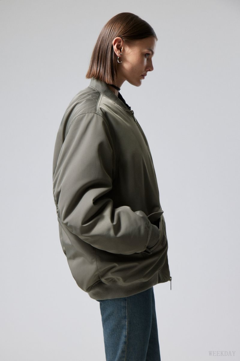 Khaki Green Weekday Lui Oversized Bomber Jacket | WGJZ5906