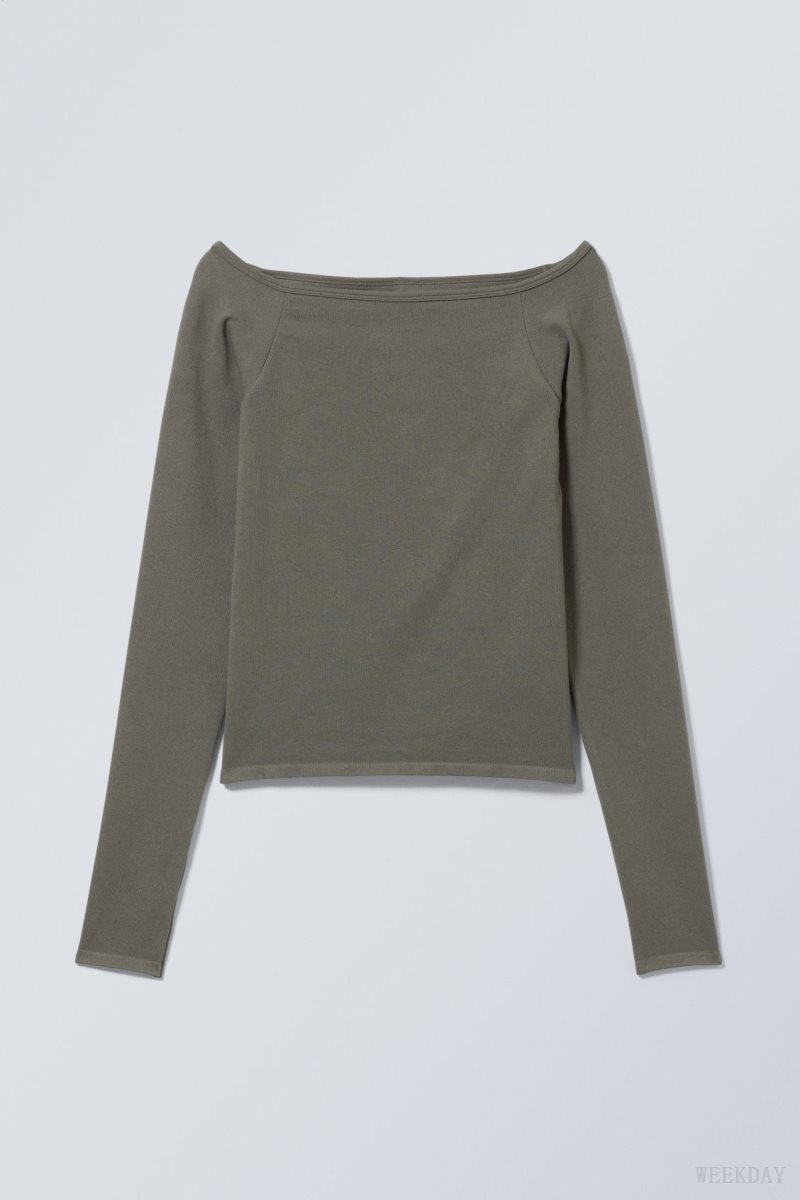 Khaki Weekday Seamless Off Shoulder Long Sleeve | ERJN8096