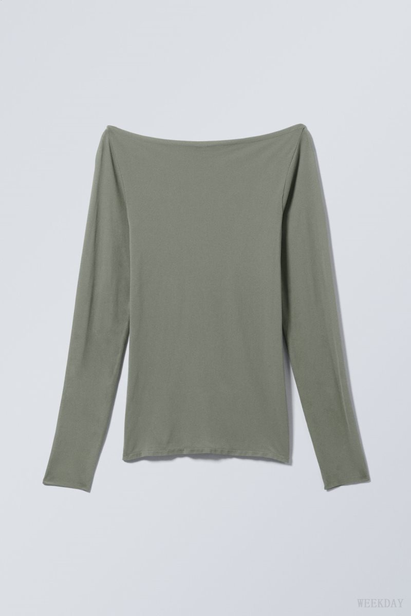 Khaki Weekday Sheer Boatneck Long Sleeve | GCAS7734