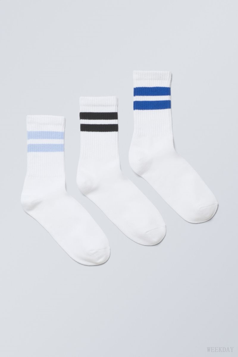 Light Blue Stripes Weekday 3-pack Striped Sport Socks | XAOA1348