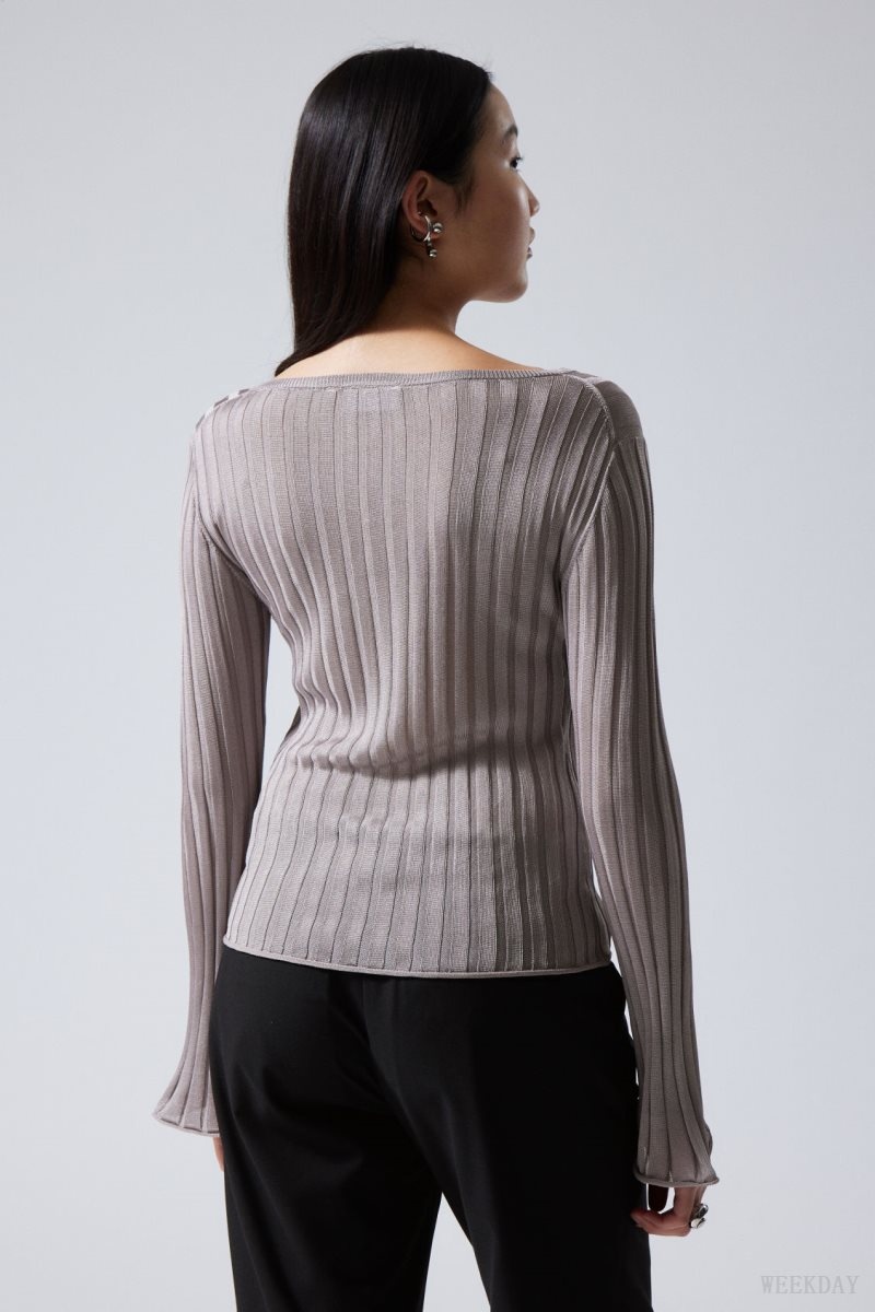 Light Grey Weekday Enora Sheer Knit Long Sleeve Top | FWRV0266