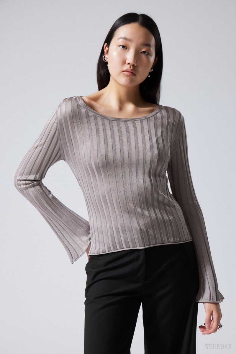 Light Grey Weekday Enora Sheer Knit Long Sleeve Top | FWRV0266