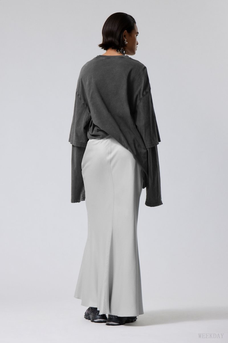 Light Grey Weekday Paige Satin Long Skirt | WOJH7369