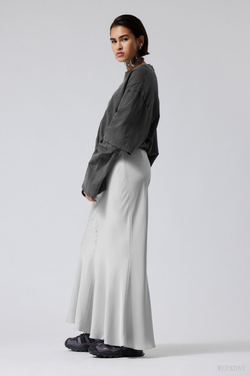 Light Grey Weekday Paige Satin Long Skirt | WOJH7369