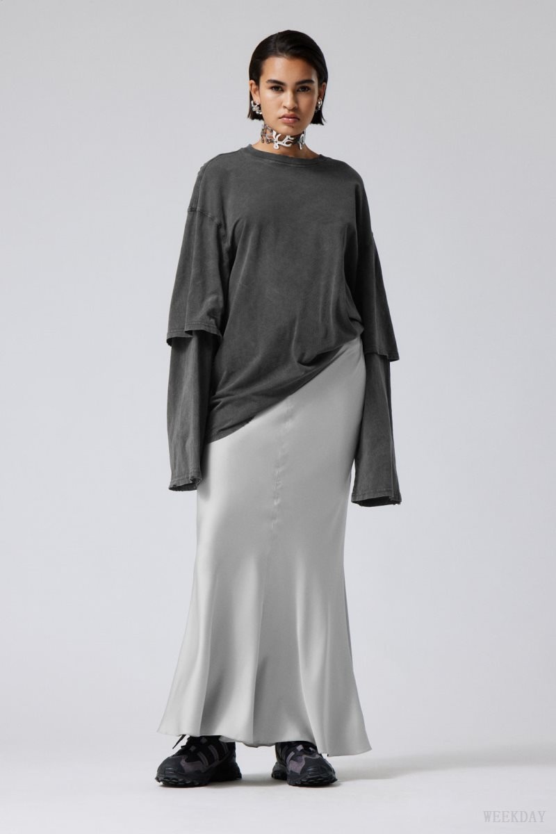 Light Grey Weekday Paige Satin Long Skirt | WOJH7369