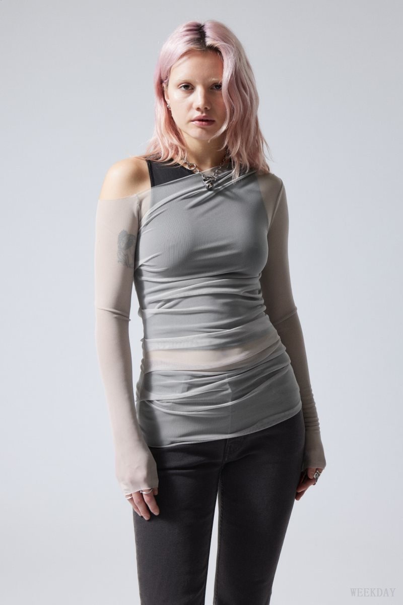 Light Grey Weekday Transparent Drape Asymmetric Long Sleeve | KAWG9353