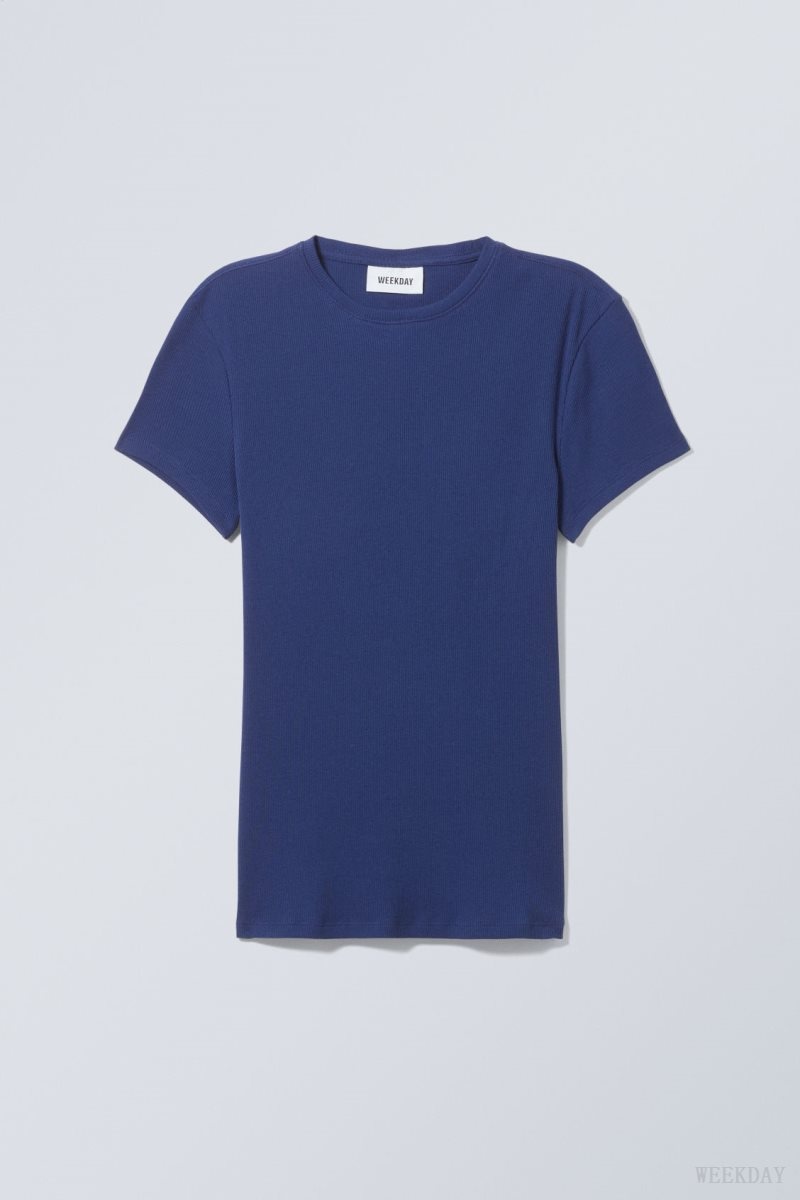 Navy Blue Weekday Close Fitted Rib T-Shirt | SGTE3365