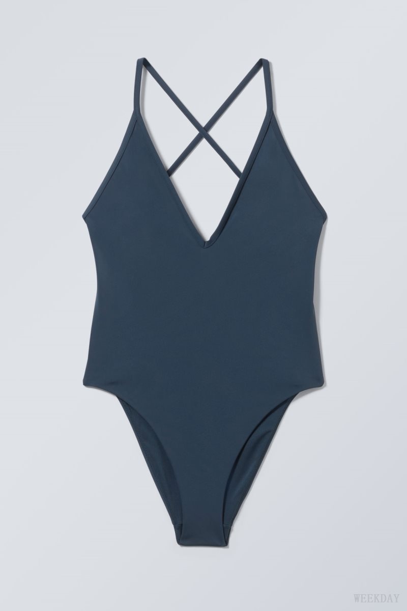 Navy Weekday Deep V-neck Swimsuit | YDOE0567