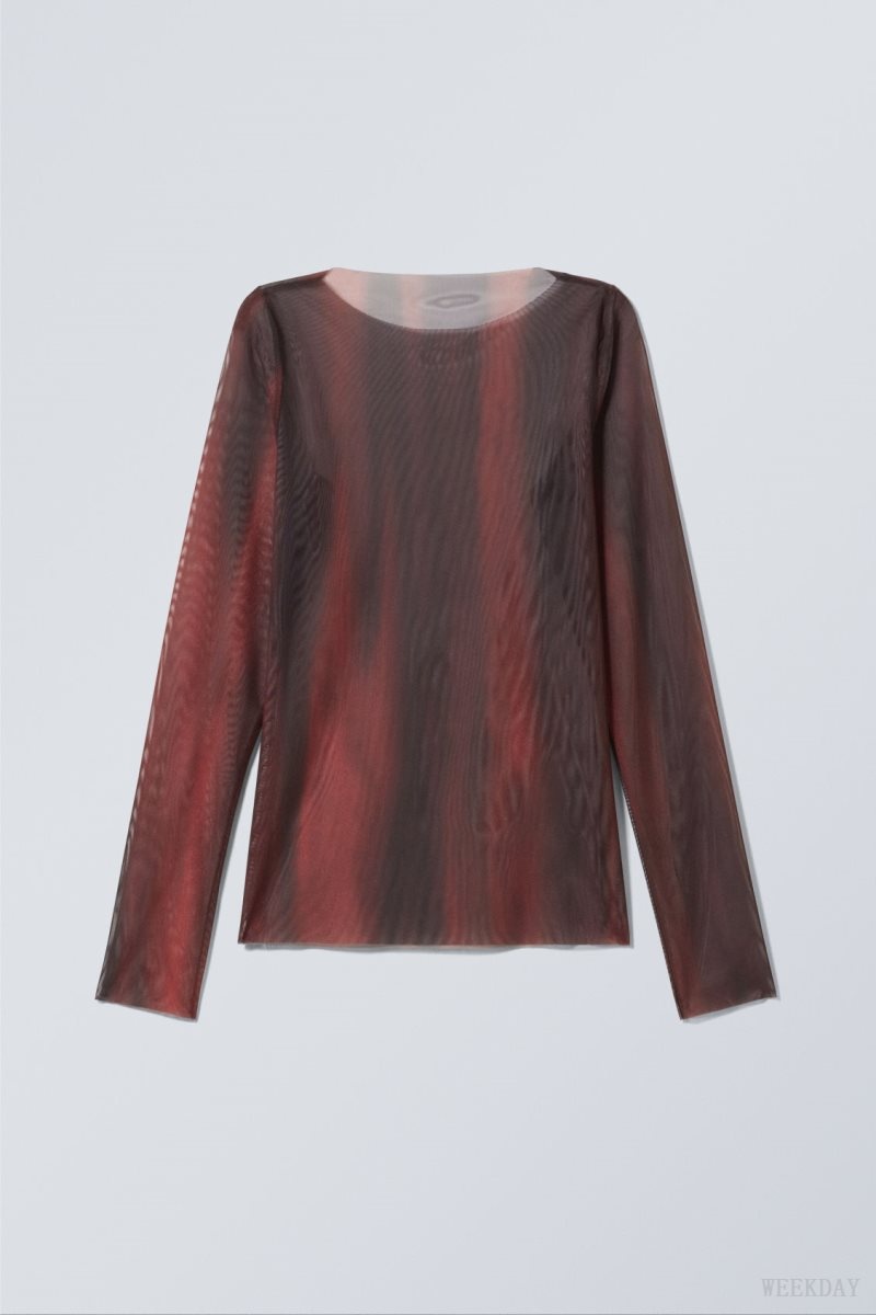 Red Weekday Long Sleeve Printed Mesh Top | HBTJ3834