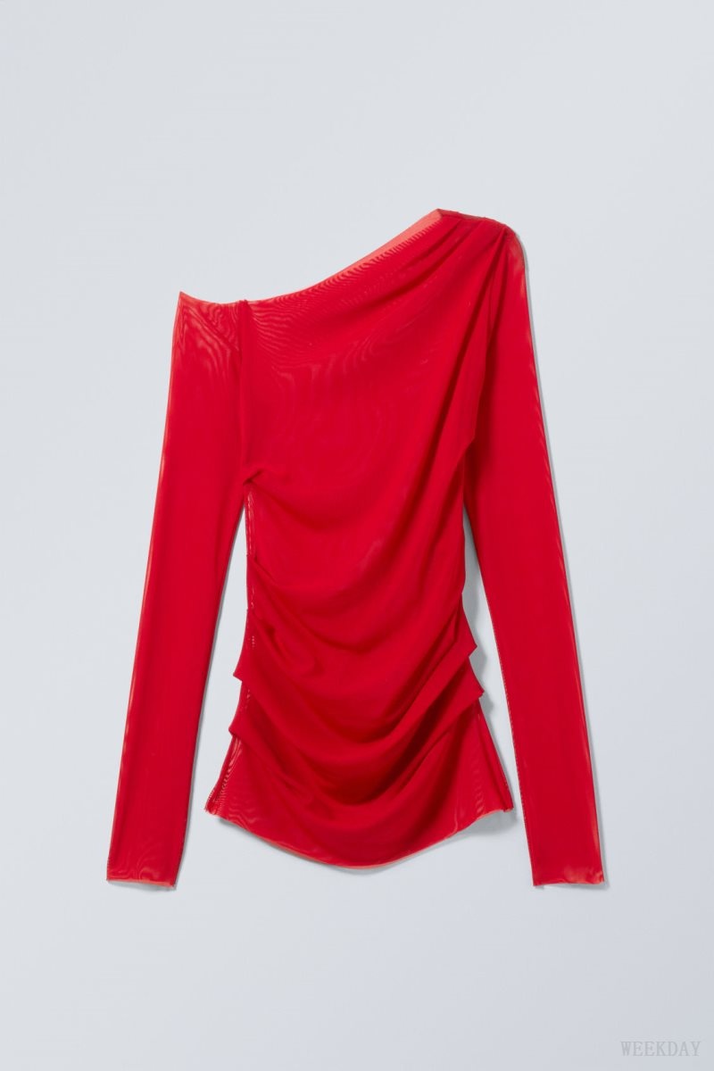 Red Weekday Transparent Drape Asymmetric Long Sleeve | PEEL9662