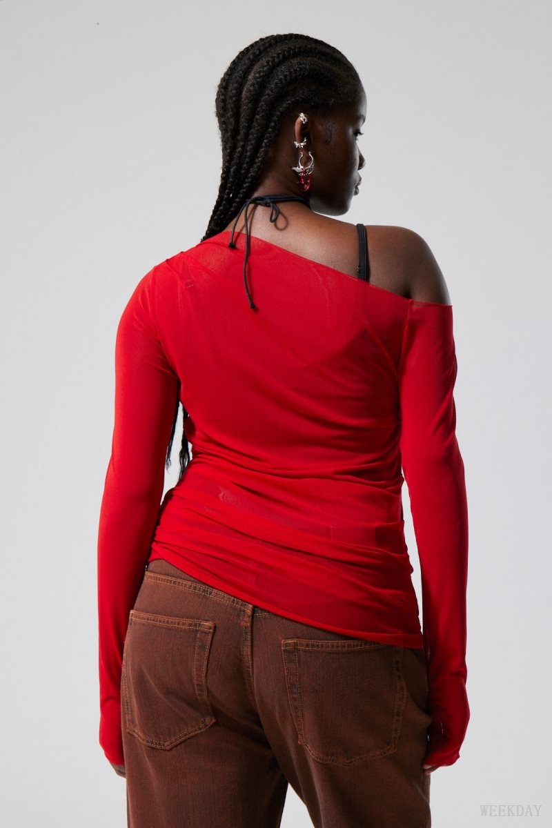 Red Weekday Transparent Drape Asymmetric Long Sleeve | PEEL9662