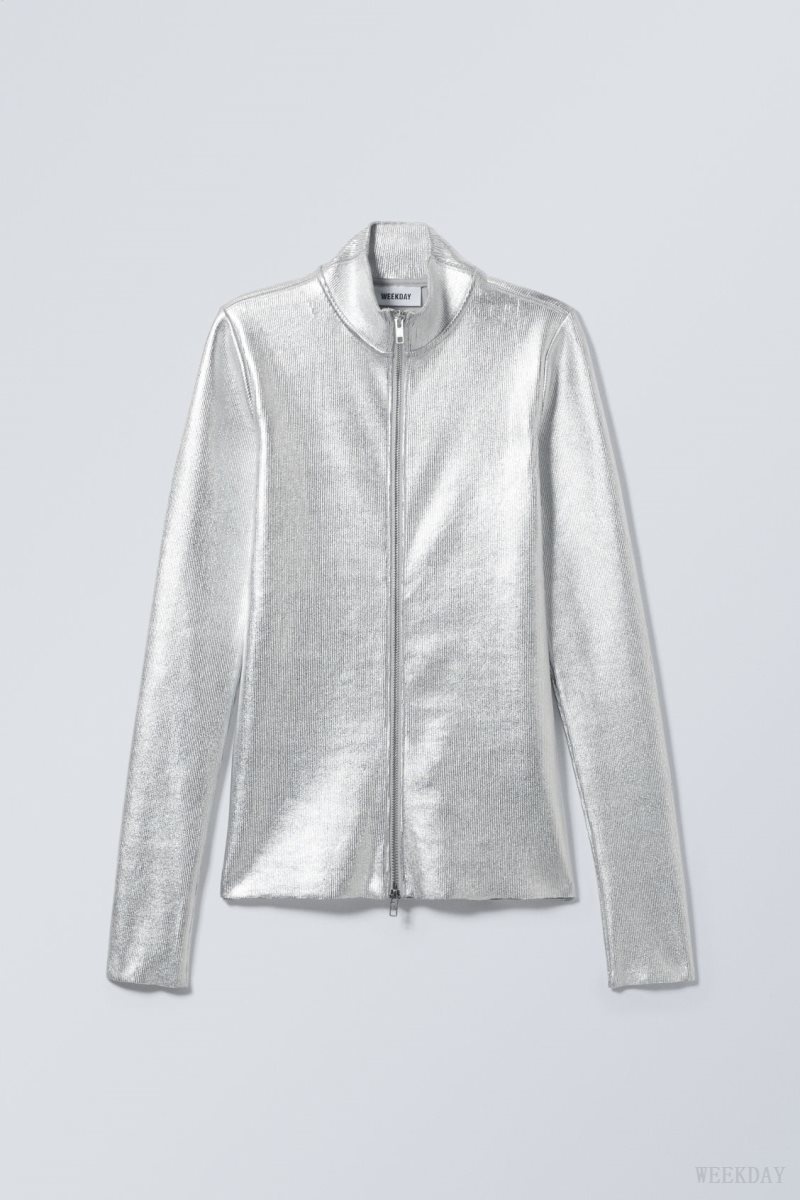 Silver Weekday Angie Silver Coated Longsleeve Cardigan | OUWT2483