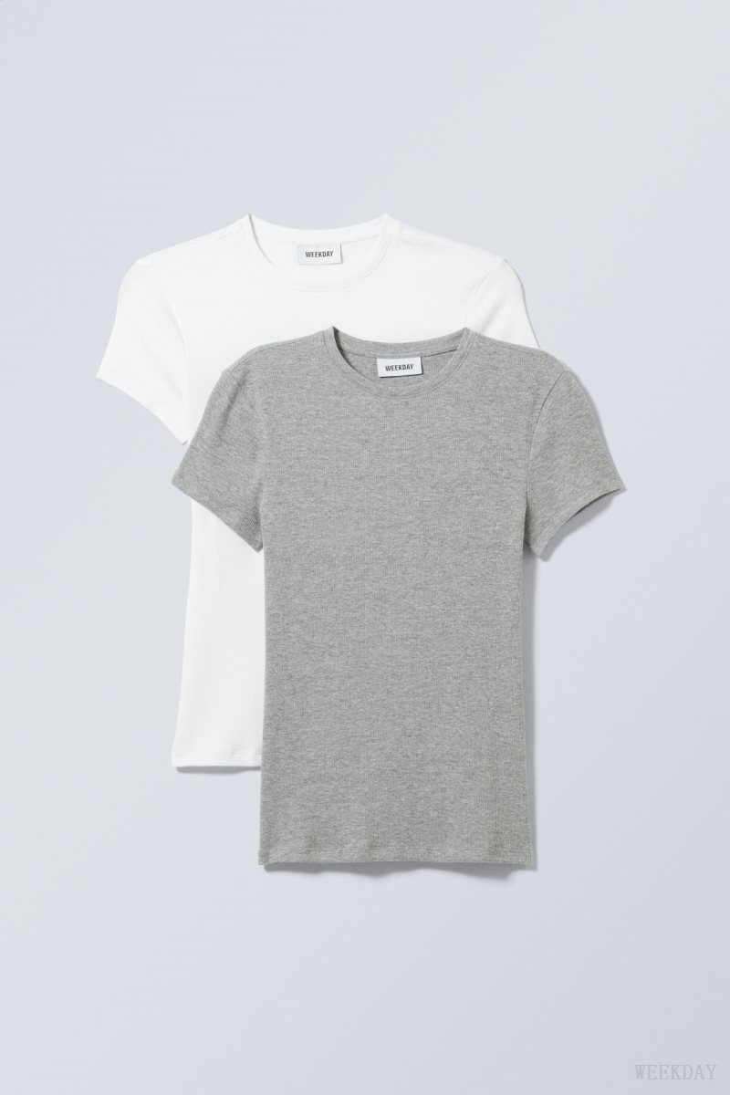 White Grey Weekday 2-pack Close Fitted Rib T-shirt | POVA3906