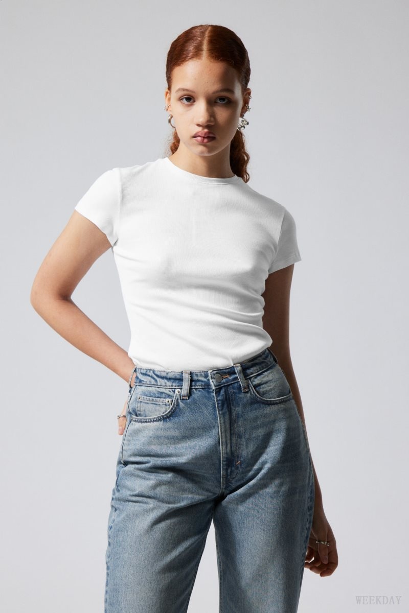 White Weekday Close Fitted Rib T-Shirt | ZENS9737